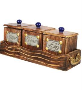 Wooden Tea, Sugar & Coffee Storage Box with Ceramic Knobs