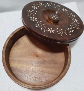 Handcrafted Sheesham Wood Chapati Box with White Inlay Work