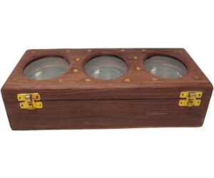 Wooden 3 Jar Spice Box with Brass Fittings and Glass Lid