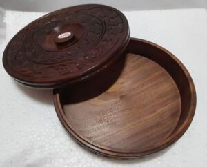 Engraved Wooden Chapati Box with Floral Carving