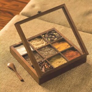 Square Wooden Spice Box with 9 Compartments and Transparent Lid