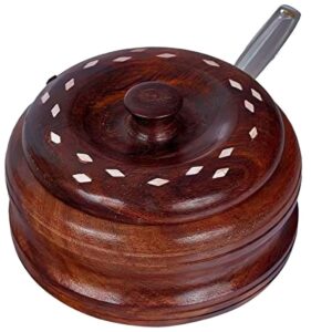 Round Wooden Masala Box with White Inlay Work