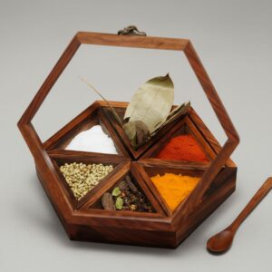 Hexagonal Wooden Spice Box with Glass Lid