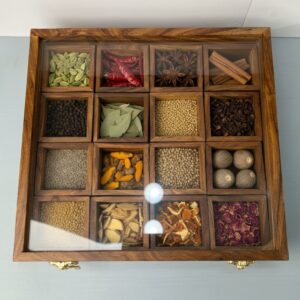 Large 16 Compartment Wooden Spice Box with Glass Lid