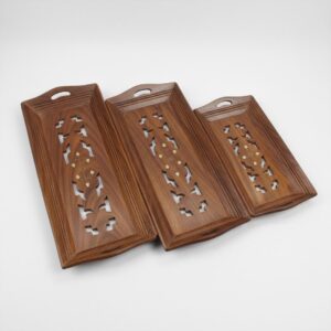 Floral Inlay Wooden Serving Tray Set