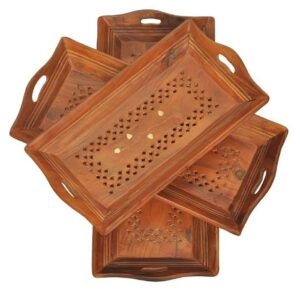 Carved Rectangle Handle Wooden Tray