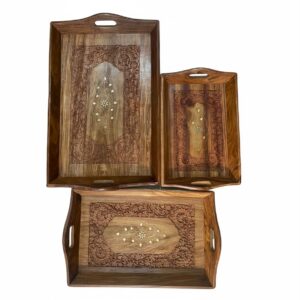 Rectangular Mango Wood Carved Tray Set