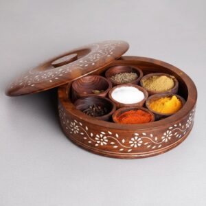 Round Wooden Spice Box with White Floral Inlay Work