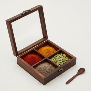 Compact 4 Compartment Wooden Spice Box with Glass Lid