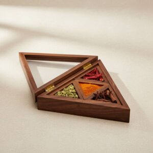 Triangular Wooden Spice Box with Glass Lid
