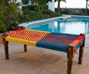 Wooden Charpai with Multicolor Weaving