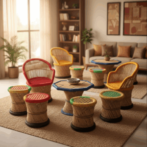Traditional Bamboo Chair & Stool Set