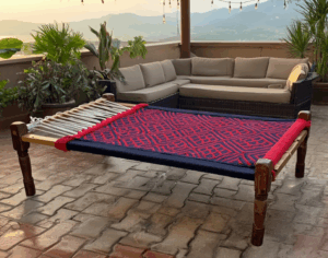 Wooden Charpai with Cotton Rope Weaving