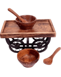 Dual Bowl Serving Tray with Spoon – Hand-Carved Wood