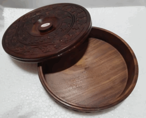 Engraved Wooden Chapati Box with Carved Lid