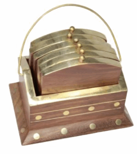 Brass Inlay Coaster Set with Storage Box – 6 pcs
