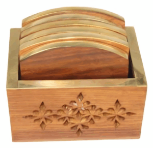 Floral Engraved Wooden Coaster Set – Golden Inlay
