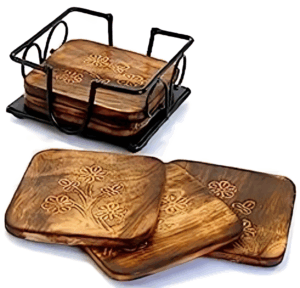 Natural Wooden Coaster Set with Iron Holder