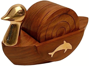 Dolphin Engraved Wooden Coaster Set with Holder