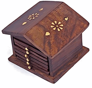 Dark Finish Wooden Coaster Set – Engraved Lid