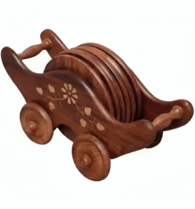 Wooden Wheel Cart Coaster Set – Rustic Finish