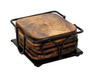 Iron Frame Wooden Coaster Set – Rustic Industrial Look