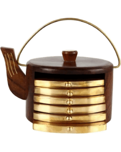 Round Brass-Inlay Coaster Set with Wooden Handle