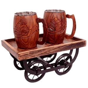 Wooden Beer Mug Set with Cart Tray
