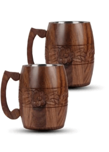 Carved Wooden Mug Pair – Floral Pattern
